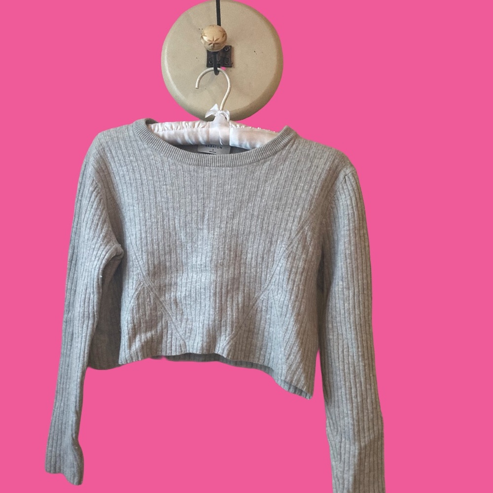 Babaton Aritzia Cropped Knit Ribbed Sweater Wool/Linen Heather Gray Size Small